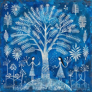 Gemälde mit naivem Muster: Frauen unter einem Baum in Blau von F. Abderrahim