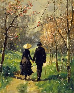 Ein Mann und eine schöne Frau in Liebe gehen inmitten eines Waldes von F. Abderrahim