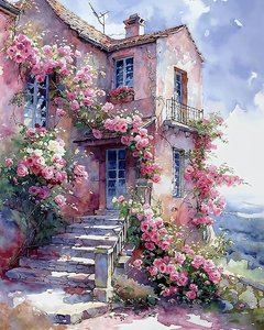 Haus umgeben von Kletterpflanzen mit roten und rosa Blumen