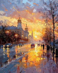 Menschen gehen bei Sonnenaufgang im Regen auf der Straße von F. Abderrahim