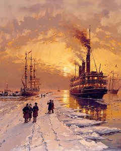 Dampfschiff in der Nähe von gefrorenen Eiskappen von F. Abderrahim