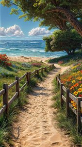 Ein sandiger Weg führt zu einem schönen Strand mit einem Holzzaun und bunten Blumen von F. Abderrahim