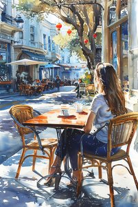 Eine Frau sitzt auf einem Stuhl in einem Straßencafé in Paris, gerahmte Wanddekoration