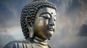Buddha Porträt sitzend in friedlicher Meditation, gerahmter Leinwanddruck auf Anfrage von F. Abderrahim