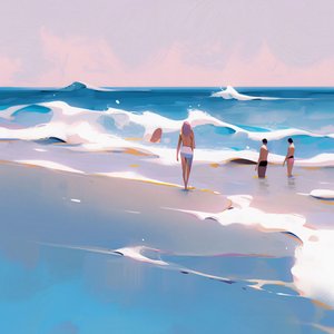Menschen am Strand Minimalistisches Aquarell mit Wellen, Wanddekoration zum Verkauf von F. Abderrahim