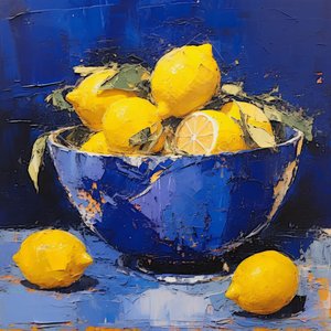 Eine blaue Keramikvase mit Zitrone in der Küche, Gerahmte Wanddekoration von F. Abderrahim