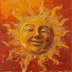 Eine pausbäckige Sonne auf rotem und verschleiertem Hintergrund, Kunstdrucke auf Leinwand von F. Abderrahim