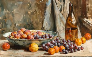 Ein Stilleben, Früchte und eine Flasche Wein, Pinselstrich Malerei, Wall Decor zu verkaufen von F. Abderrahim