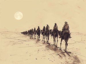 Desert Sun Procession Minimalist Single-Line Sketch, Wand-Dekor zum Verkauf von F. Abderrahim