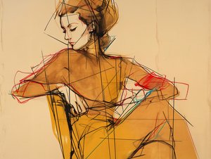 Mode Illustration  Zeichnung einer sitzenden Frau, Portrait in elegantem braunen Kleid, Kunstdrucke von F. Abderrahim