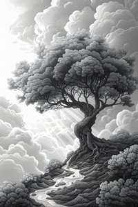 Majestätische Felsformation, Naturportal, dramatischer Sturm und Baum, gerahmtes Wanddekor, von F. Abderrahim