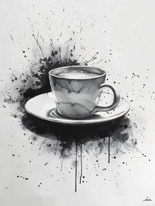 Minimalistische einzeilige Noir-Szene mit Kaffeeflecken-Highlights, Kunstdrucke online von F. Abderrahim