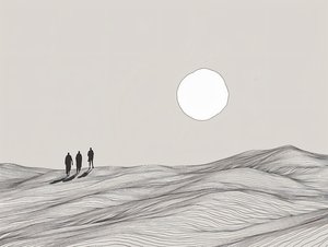 Minimalistische Skizze, Männer, die in der Wüstensonne spazieren gehen, online Kunstdrucke von F. Abderrahim