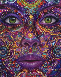 Psychedelische Frau mit buntem Gesicht Spirituelle  Mandala-Muster, Kunstdrucke auf Leinwand von F. Abderrahim