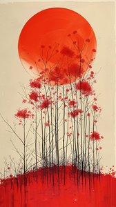 Sonnenuntergang auf einem Hügel von roten Blumen Malerei, vertikale Wand Dekor zum Verkauf von F. Abderrahim