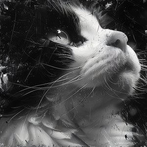Minimalistische Skizze eines Katzengesichts in Schwarz-Weiß, Wanddekoration von F. Abderrahim