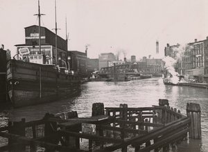 Ansicht der Rush St. Bridge und Kirks Seifenfabrik, 1894
