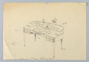 Entwurf für halbkreisförmigen Schreibtisch "C" mit Messingfüßen und Messinggeländer von A.N. Davenport Co.