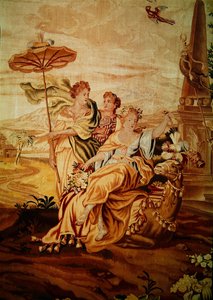 Asien, aus einem Wandteppich der vier Ecken der Welt, Detail einer Gruppe von Figuren in der Mitte beim Kamel (Detail)