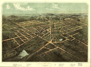 Vogelperspektive der Stadt Hillsdale, Hillsdale Co., Michigan 1866 von A.; Chicago Lithographing Co. Ruger