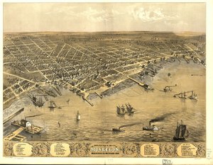 Vogelperspektive der Stadt Muskegon, Muskegon Co., Michigan 1868 von A.; Chicago Lithographing Co. Ruger