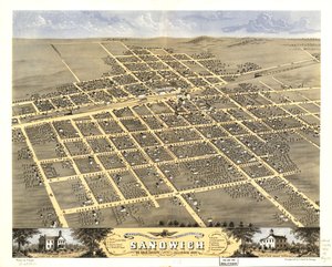 Vogelperspektive der Stadt Sandwich, De Kalb County, Illinois 1869 von A.; Chicago Lithographing Co. Ruger