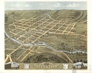 Vogelperspektive der Stadt Titusville, Crawford County, Pennsylvania 1871 von A.; Chicago Lithographing Co. Ruger