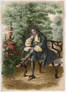 Porträt von Nicolas Boileau (1636-1711) genannt Boileau-Despréaux, ein französischer Schriftsteller in seinem Haus in Auteuil. Gravur von A. Duruy in 