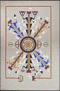 Zeichnungen, die die Grabstätte von "Cadunce" einem Chippewa-Indianer "Medizinmann", eine Navajo-Sandmalerei und Crow-Steinmalereien darstellen