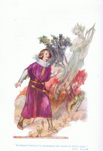 Ferdinand folgte erstaunt dem Klang von Ariels Stimme (Der Sturm), aus Geschichten aus Shakespeare, veröffentlicht von Ward Lock & Co Ltd von A. Jackson