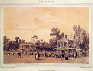 Ansicht des Café des Ambassadeurs auf den Champs-Élysées in Paris. Lithographie von A. Provost (aktiv um 1834-1855). Paris, Musée Carnavalet
