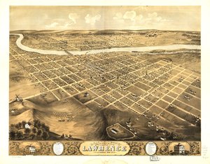Vogelperspektive der Stadt Lawrence, Kansas 1869