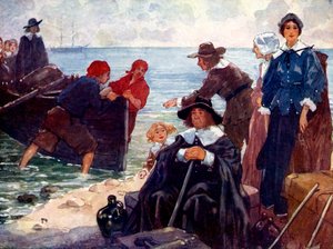 Eine Gruppe von Exilanten legt ihr Boot an der wilden Küste Neuenglands an, 1620, 1905