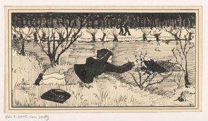 Mädchen versucht Hund aus dem Eisloch zu retten von A. Tinbergen (signed by artist)