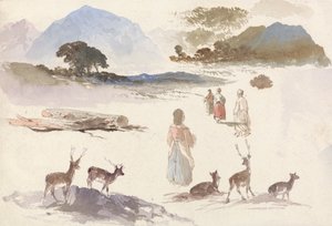 Blatt mit Studien von Hirschen, Figuren und Landschaft