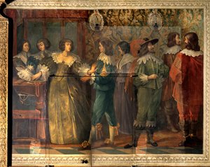 Szene aus dem Leben von Charles de Valois (1573-1650), Herzog von Angouleme - Party-Szene anlässlich der Hochzeit von Charles de Valois mit seiner zweiten Frau im Jahr 1644 - Eine Frau, von einem Höfling angesprochen, zögert, ihr Halsband anzulegen - Fresk