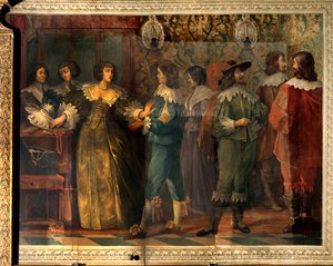 Szene aus dem Leben von Charles de Valois (1573-1650), Herzog von Angouleme - Party-Szene anlässlich der Hochzeit von Charles de Valois mit seiner zweiten Frau im Jahr 1644 - Eine Frau, von einem Höfling angesprochen, zögert, ihr Halsband anzulegen - Fresk