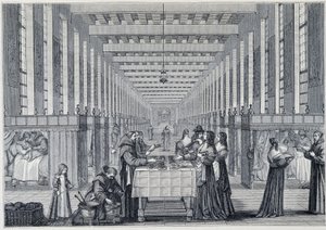 Innenansicht der Krankenstation des Hôpital de la Charité (auch genannt das Krankenhaus der Frères-de-Saint-Jean-de-Dieu) in Paris - Gravur nach Abraham Bosse (1602-1676) - veröffentlicht in „17. Jahrhundert - Institutionen: Bräuche und Kostüme, Frankreich