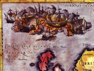 Das Ende der Unbesiegbaren Armada vor Schottland. Nach dem Atlas von Abraham Ortelius, Antwerpen