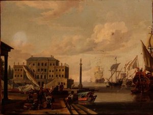 Ein Capriccio eines Mittelmeerhafens mit Händlern und vor Anker liegenden Schiffen