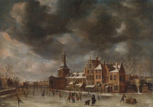 Das Blauwpoort in Leiden im Winter von Abraham Beerstraten
