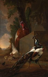 Ein Pfau, Truthahn und Huhn mit ihren Küken neben einem klassischen Brunnen in einer Landschaft von Abraham Bisschop