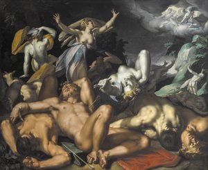 Apollo und Diana bestrafen Niobe, indem sie ihre Kinder töten von Abraham Bloemaert
