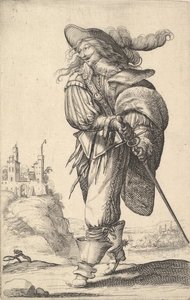 Ein Herr, der nach links geht und sein Schwert aus der Scheide zieht, trägt eine Feder..., 1629 von Abraham Bosse