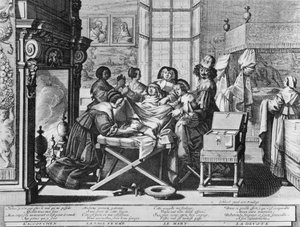 Gravurserie (Radierung) mit dem Titel „Die Hochzeit mit der Stadt“ von 1633 von Abraham Bosse - „Geburt“: auf dem Arbeitsbett