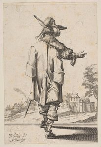 Herr von hinten gesehen, der auf ein Schloss zeigt, 1629 von Abraham Bosse