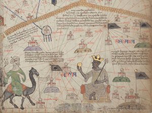Detail aus dem Katalanischen Atlas, Blatt 6, zeigt die Westsahara und Mansa Musa, 1375