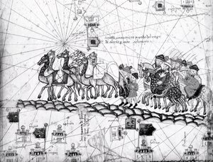 Ms Esp 20 Tafel 4, Kaufleute reisen nach Cathay, China, in den Fußstapfen von Marco Polo, Detail zeigt die Familie von Marco Polo, die mit einer Kamelkarawane reist, aus dem Katalanischen Atlas veröffentlicht für Charl von Abraham Cresques