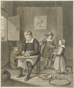 Interieur mit Mann, der Fische säubert, und zwei Kindern