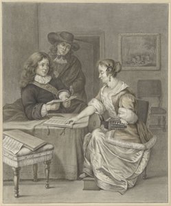 Musizierendes Paar, ein Mann schaut zu von Abraham Delfos